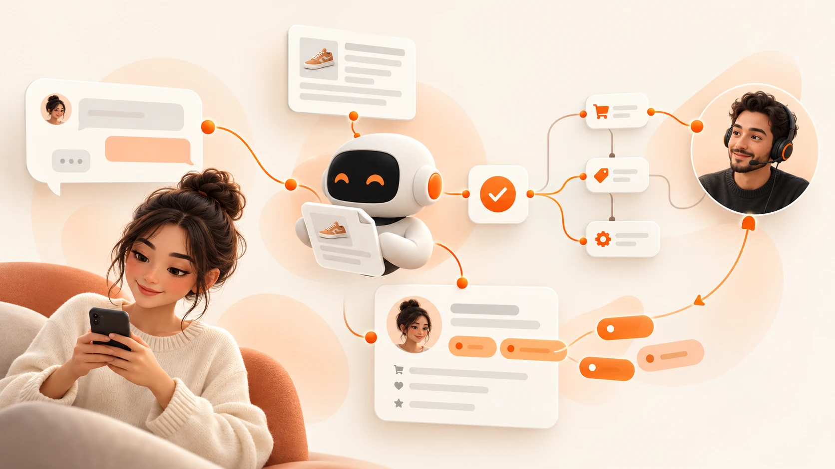 A customer reading a chat on her phone, connected through an AI agent to product, tagging, automation, and a human support teammate