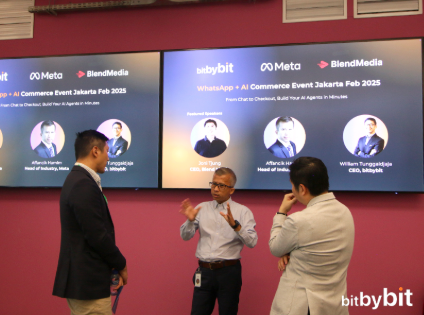 Three speakers in discussion on stage at the WhatsApp + AI Commerce Event Jakarta, February 2025