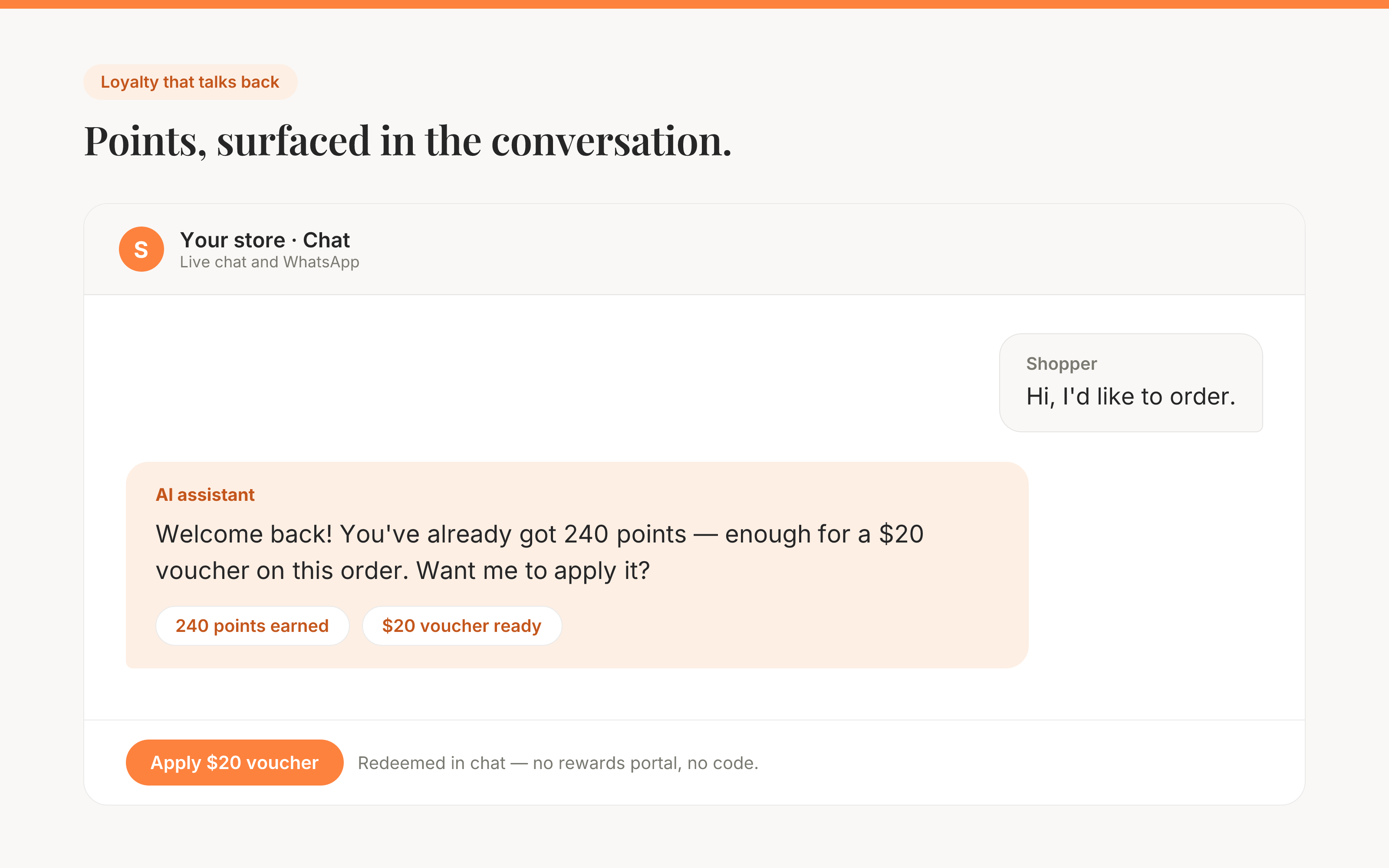 bitLoyalty chat: an AI assistant tells a returning shopper they have 240 points — a $20 voucher — and offers to apply it.