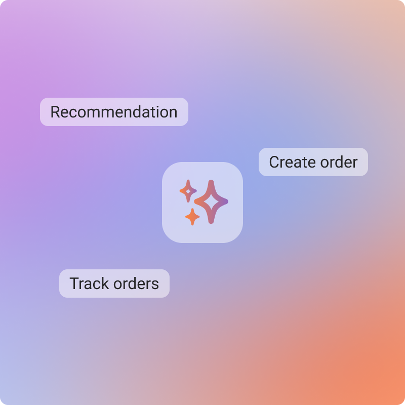 AI business interface showing recommendation, order creation, and order tracking capabilities