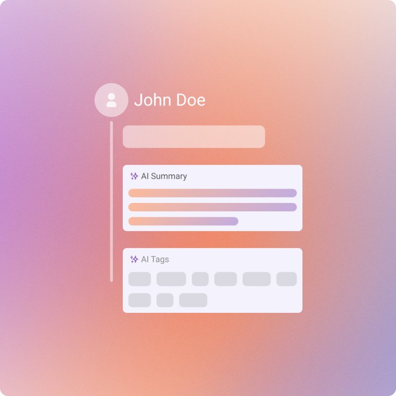 AI customer profile interface showing John Doe with automated AI summary and intelligent tags for personalized customer understanding
