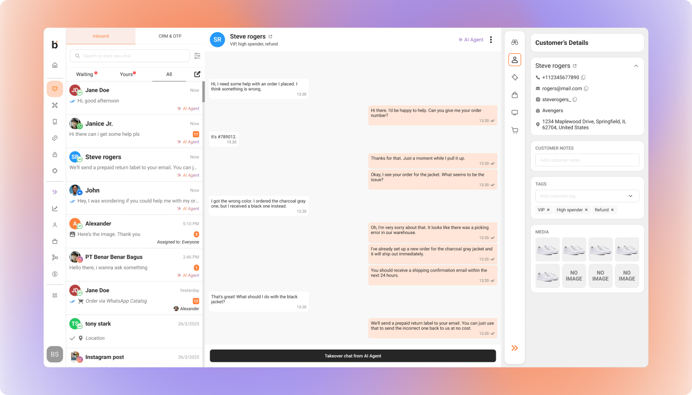 bitChat dashboard showing AI agent conversations and customer details